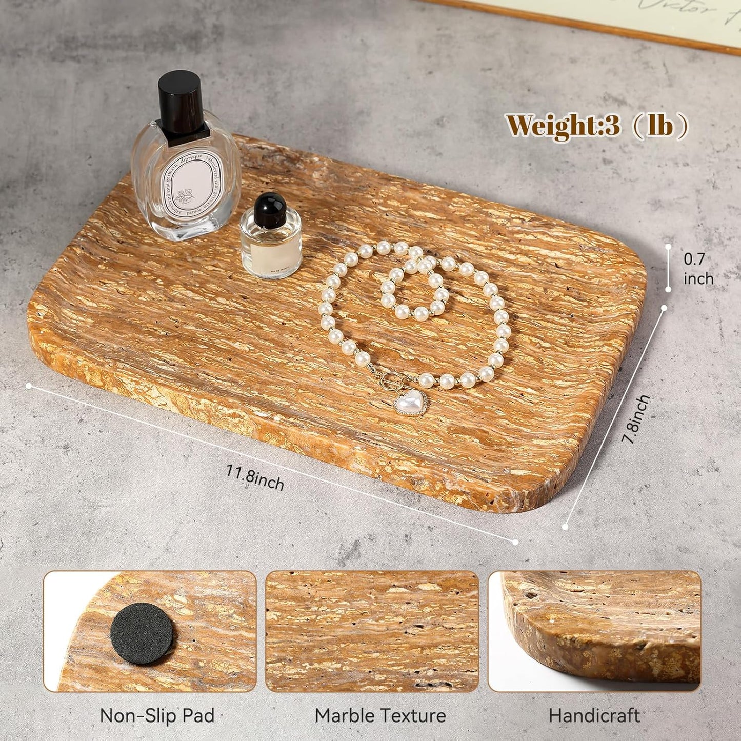 Natural Marble Vanity Tray, 11.8" Travertine/Stone Bathroom Tray Countertop, Golden Stone for Perfume Jewelry Holder, Decorative Dresser Organizer, Storage for Kitchen Sink(Walnut Traver)