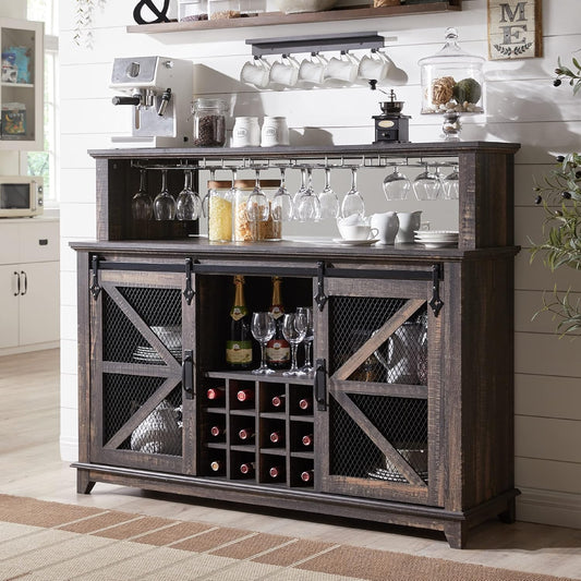 OKD Farmhouse Coffee Bar Cabinet with LED Lights, 55" Wine Bar w/Sliding Barn Door & Wine and Glass Rack, Kitchen Buffet Cabinet w/Storage Shelves for Dining Room,Dark Rustic Oak