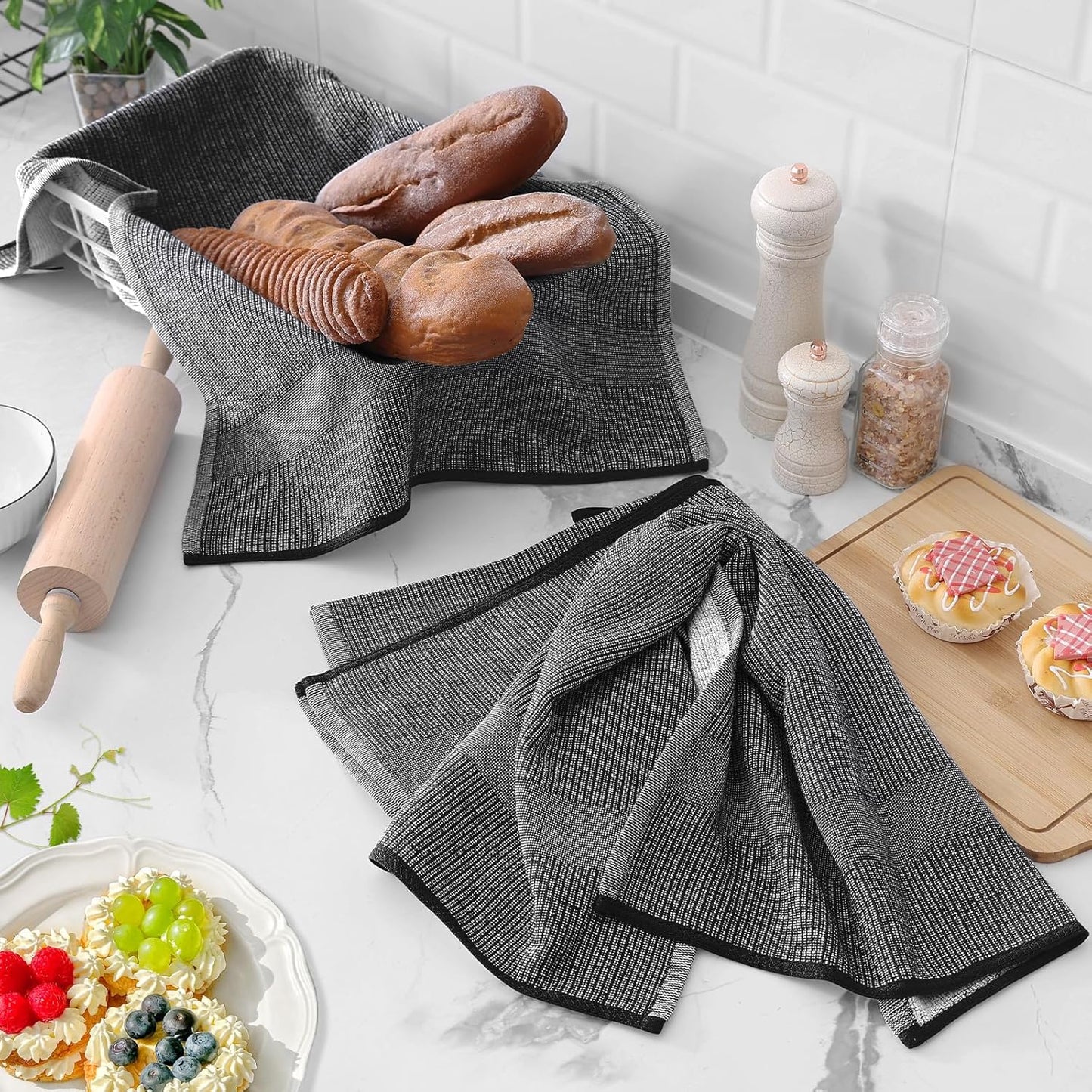 Homaxy Premium Kitchen Towels(18”x 28”, 6 Pack), Large Cotton Kitchen Hand Towels, Flat and Terry Dish Towels, 380 GSM Highly Absorbent Tea Towel Set with Hanging Loop, Black