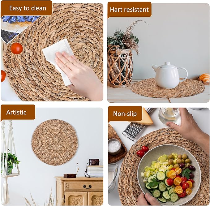 Defined Deco Woven Placemats Set of 6,12" Round Rattan Placemats,Natural Hand-Woven Water Hyacinth Placemats,Farmhouse Weave Place Mats,Rustic Braided Wicker Table Mats for Dining Table,Home,Wedding.