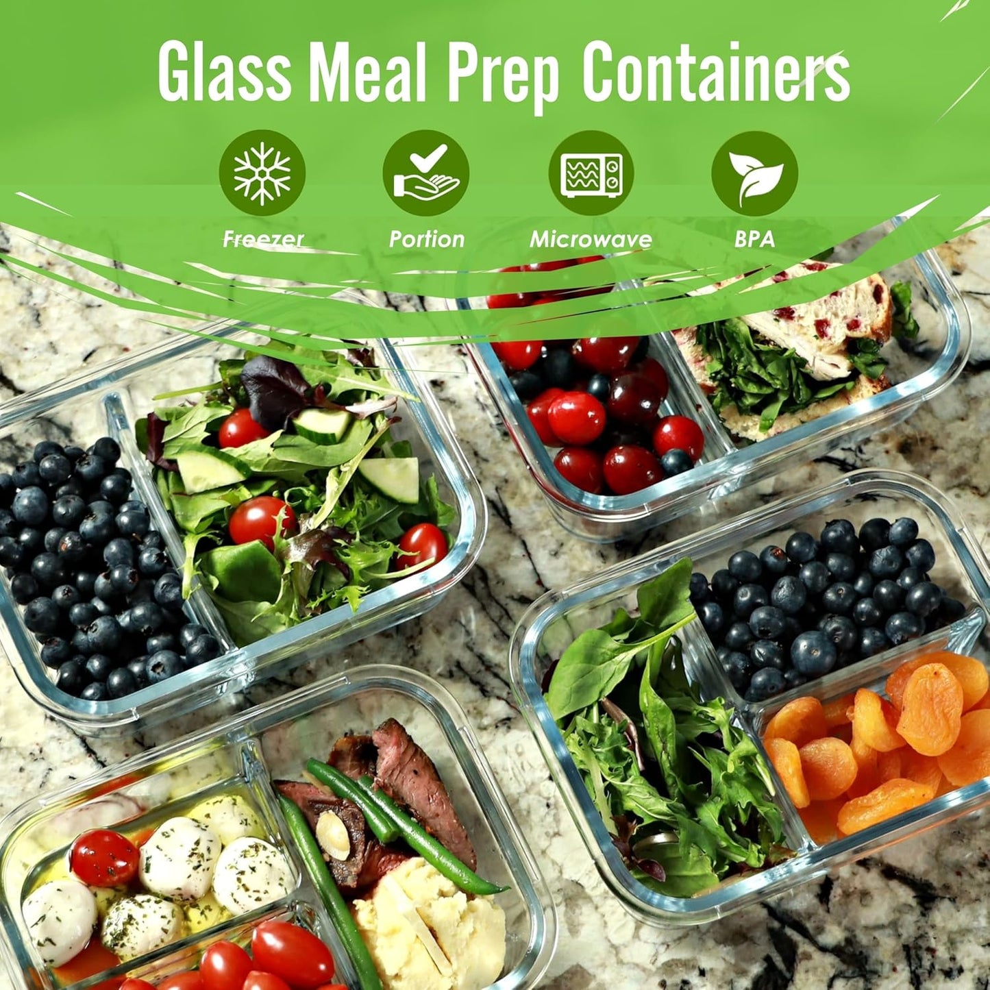 2 & 3 Compartment Glass Meal Prep Containers (4 Pack, 32 oz) - Glass Food Storage Containers with Lids, Bento Box, Portion Control, Airtight, Oven & Freezer safe, Food Container, Lavender