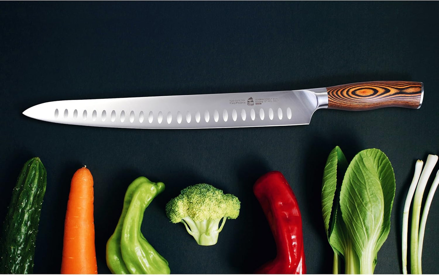 TUO Slicing Knife, 12 inch Granton Carving Knives Hollow Ground for Meat Cutting, Kitchen Long Slicer & Carver, German Stainless Steel Pakkawood Handle, Gift Box Included - Fiery Series