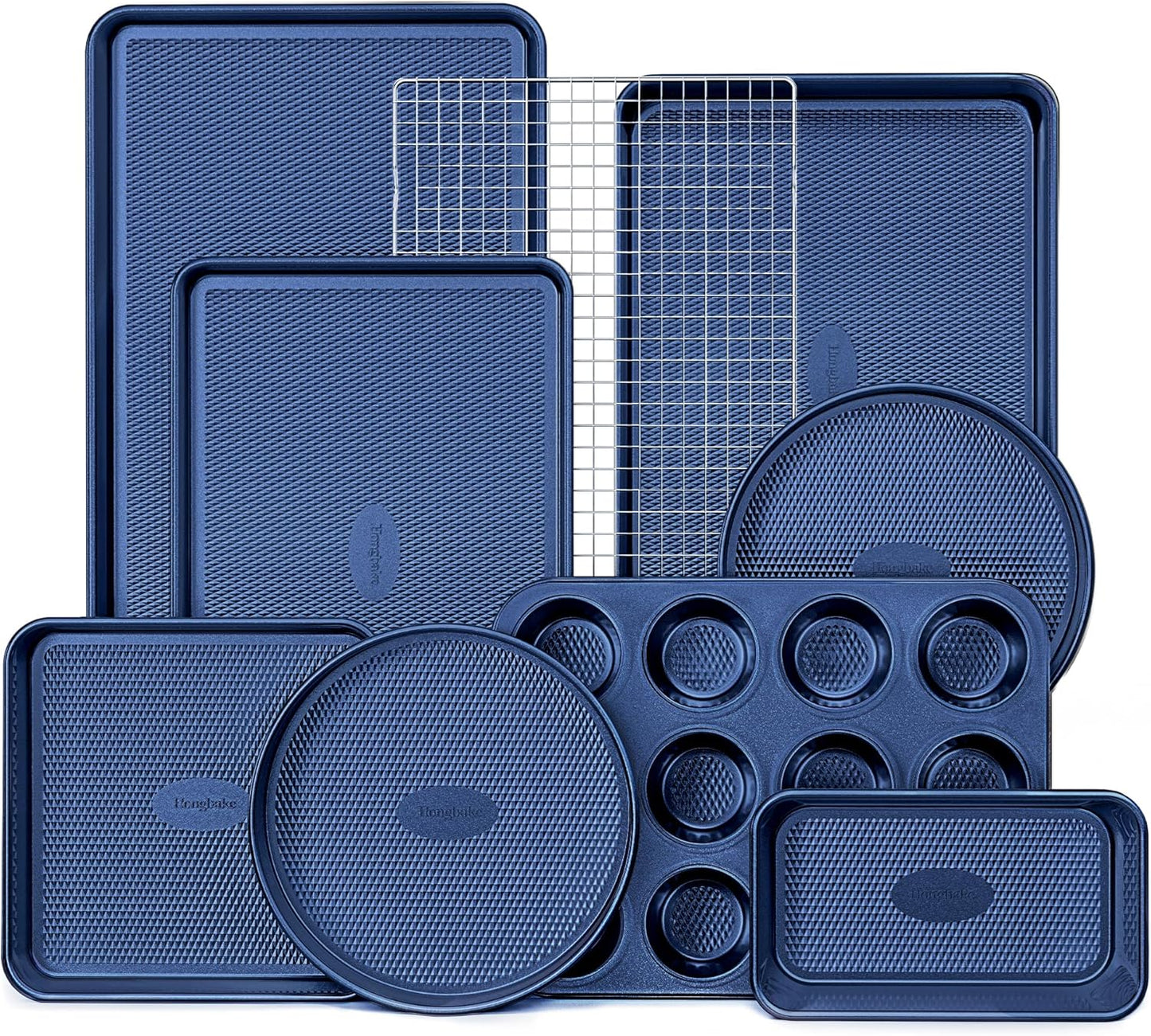 HONGBAKE 9-Piece Baking Pans Set Nonstick, Stackable Non Toxic Bakeware Sets with Diamond Texture, Oven Pan Set for Cooking, Includes Cookie Sheet with Rack, Cake Pan, Roasting Pan, Muffin Tin, Blue