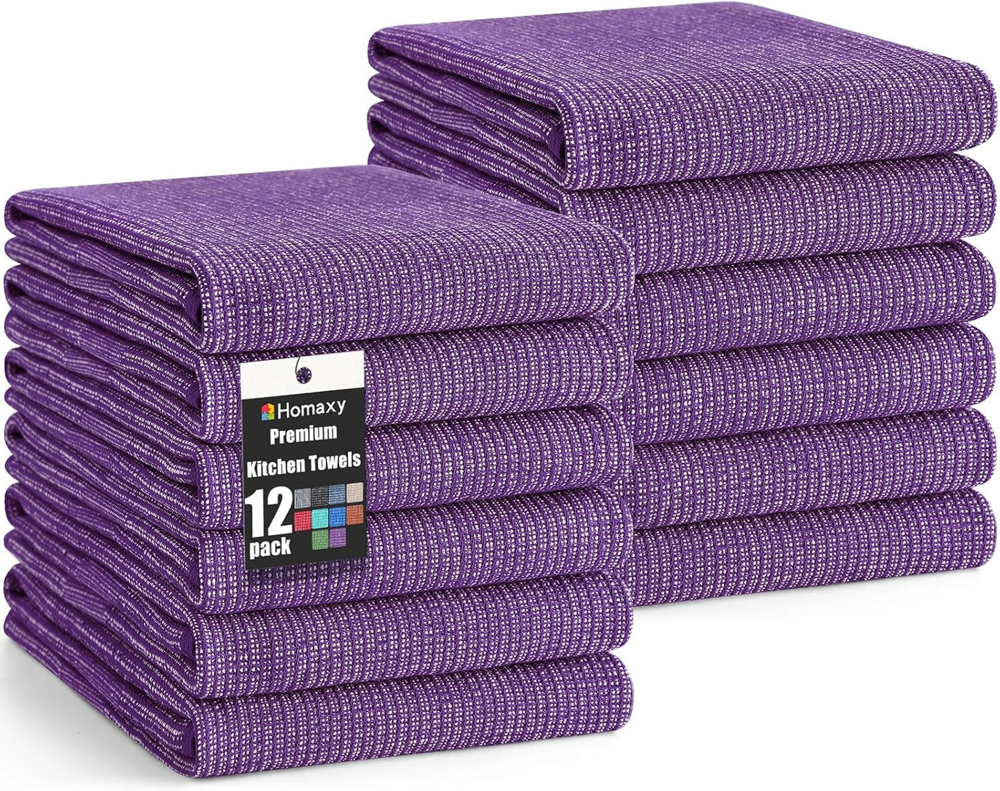 Homaxy Premium Kitchen Towels(18”x 28”, 12 Pack), Large Cotton Kitchen Hand Towels, Flat and Terry Dish Towels, 380 GSM Highly Absorbent Tea Towel Set with Hanging Loop, Purple