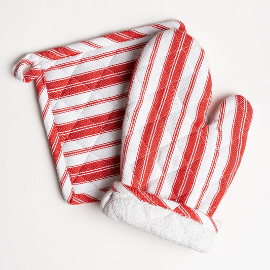 Oven Mitt & Potholder Set - Durable Heat Resistant Gloves - Thick Mittens for Kitchen - Suitable for Cooking, Baking, Grilling – BBQ - 1 Oven Mitts & 1 Potholders – Bright Red Stripes - Casa De Lan