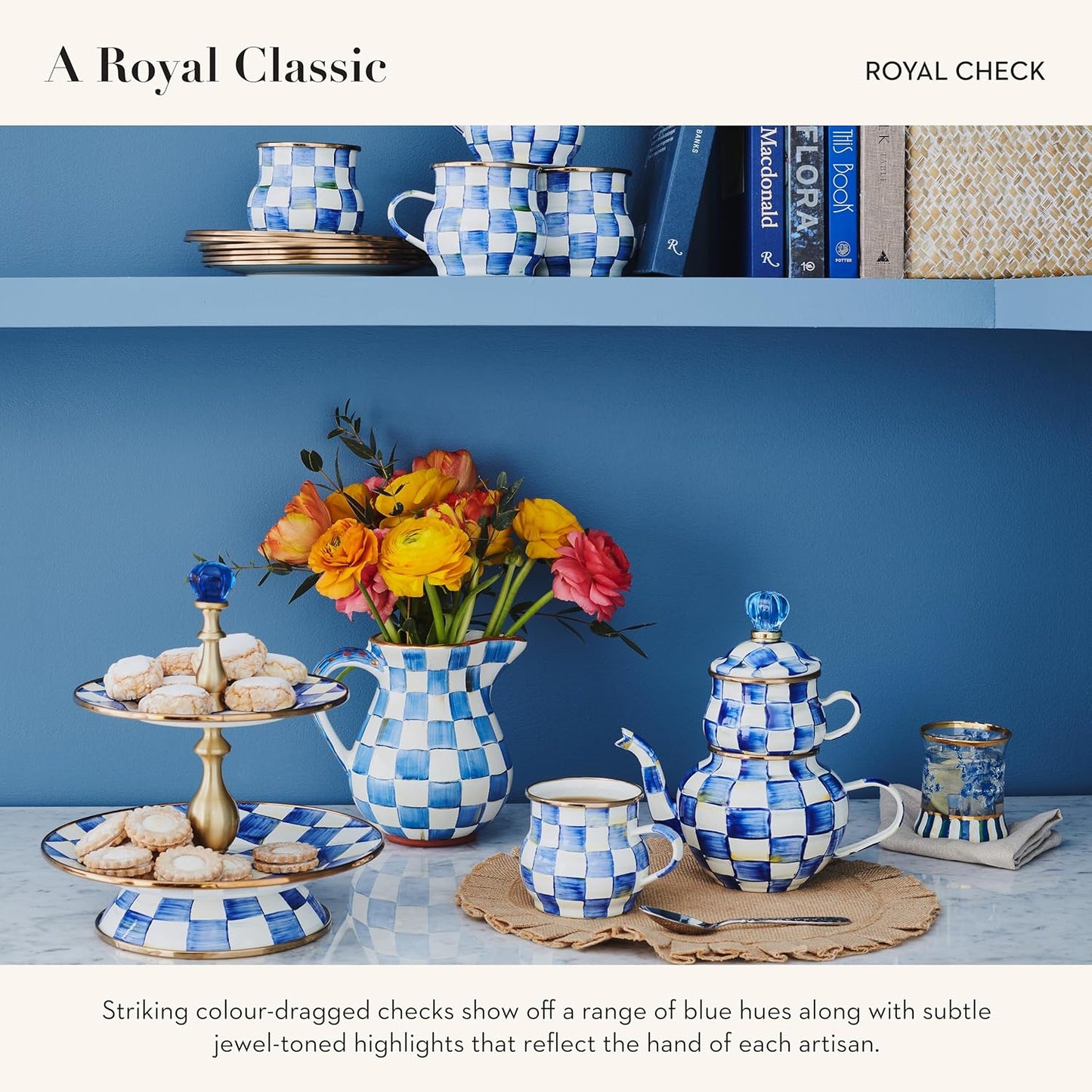 MACKENZIE-CHILDS Enamel Tea Kettle, Stylish Tea Kettle for Stovetop, Blue-and-White Royal Check, 2 Quarts