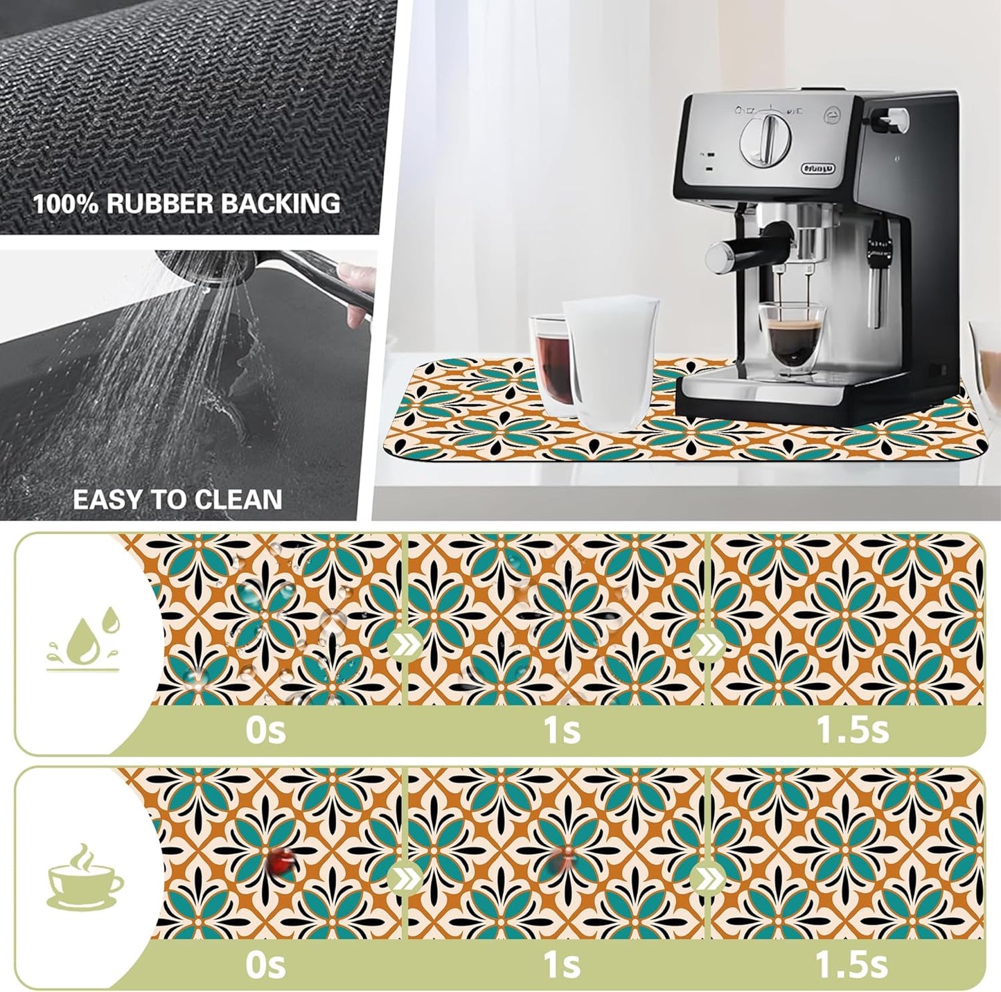 Dish Drying Mat Abstract Floral Kitchen Mat 12"x19" Bsorbent Coffee Maker Mat for Dishes,Utensils Coffee Maker Pots and Pans Easy Clean Dish Slip Resistant Pad