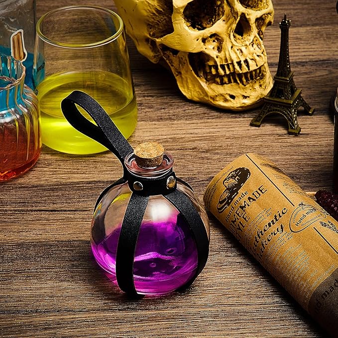 Patelai 2 Pcs Halloween Glass Potion Bottles with Belt Cork Renaissance Witch Costume Accessories Witch Props Potion Bottle for Halloween Party Decor Cosplay DIY Crafts Gift (Black,Brown)
