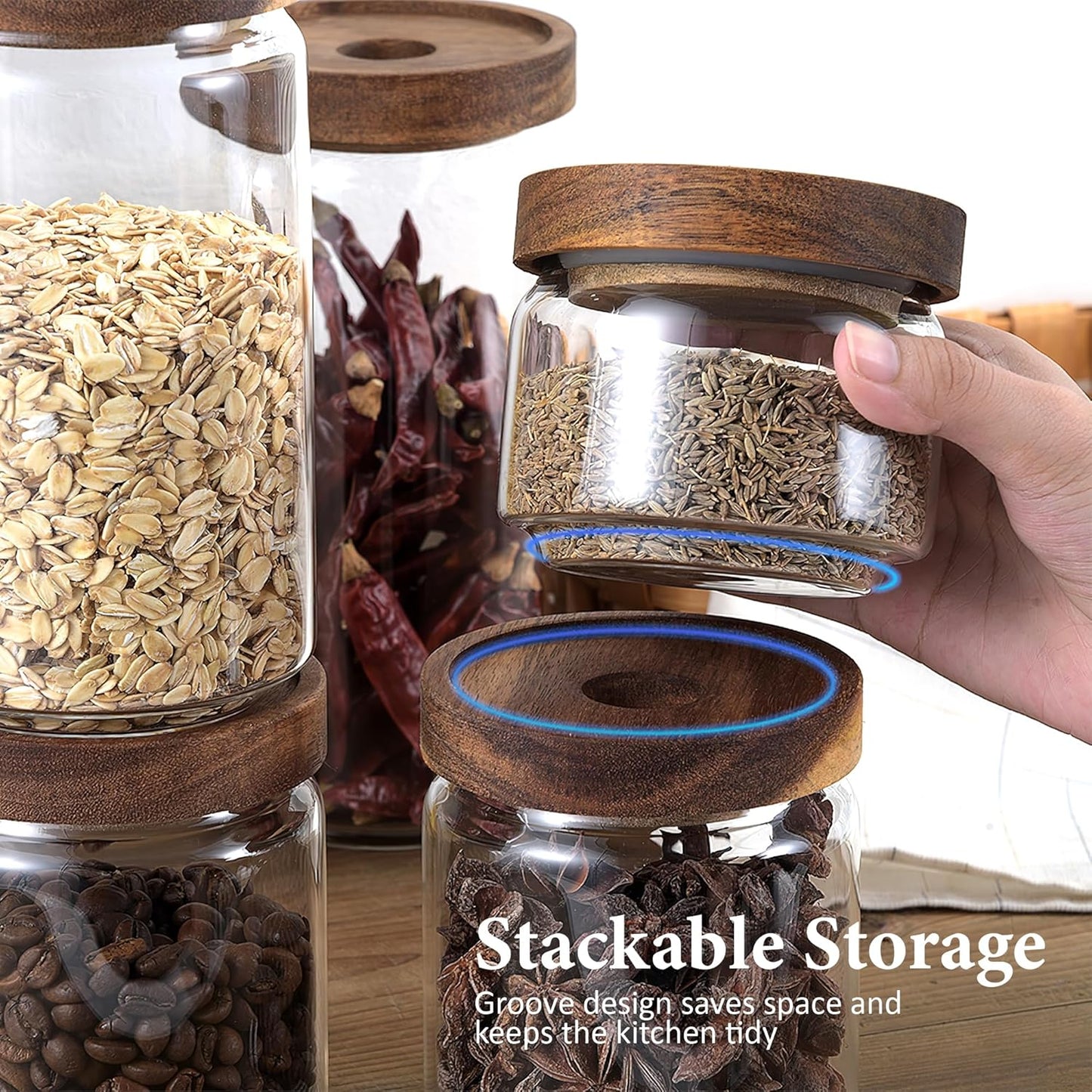 720ML/24Oz Clear Cute Glass Storage Canister Holder with Stackable Airtight Wood Lid, Modern Decorative Container Jar for Coffee, Spice, Candy, Salt, Cookie, Condiment, Pepper, Sugar