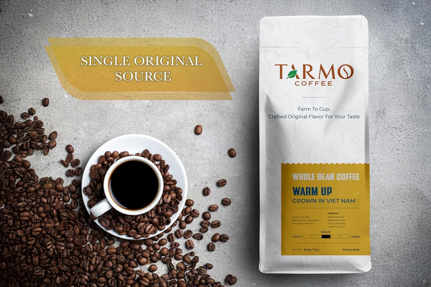 TARMO - WARM UP | Low Acid 100% ROBUSTA Whole Bean Coffee | Specialty Vietnamese Coffee | Single Origin Medium Roast Coffee Beans | 12 Oz Bag