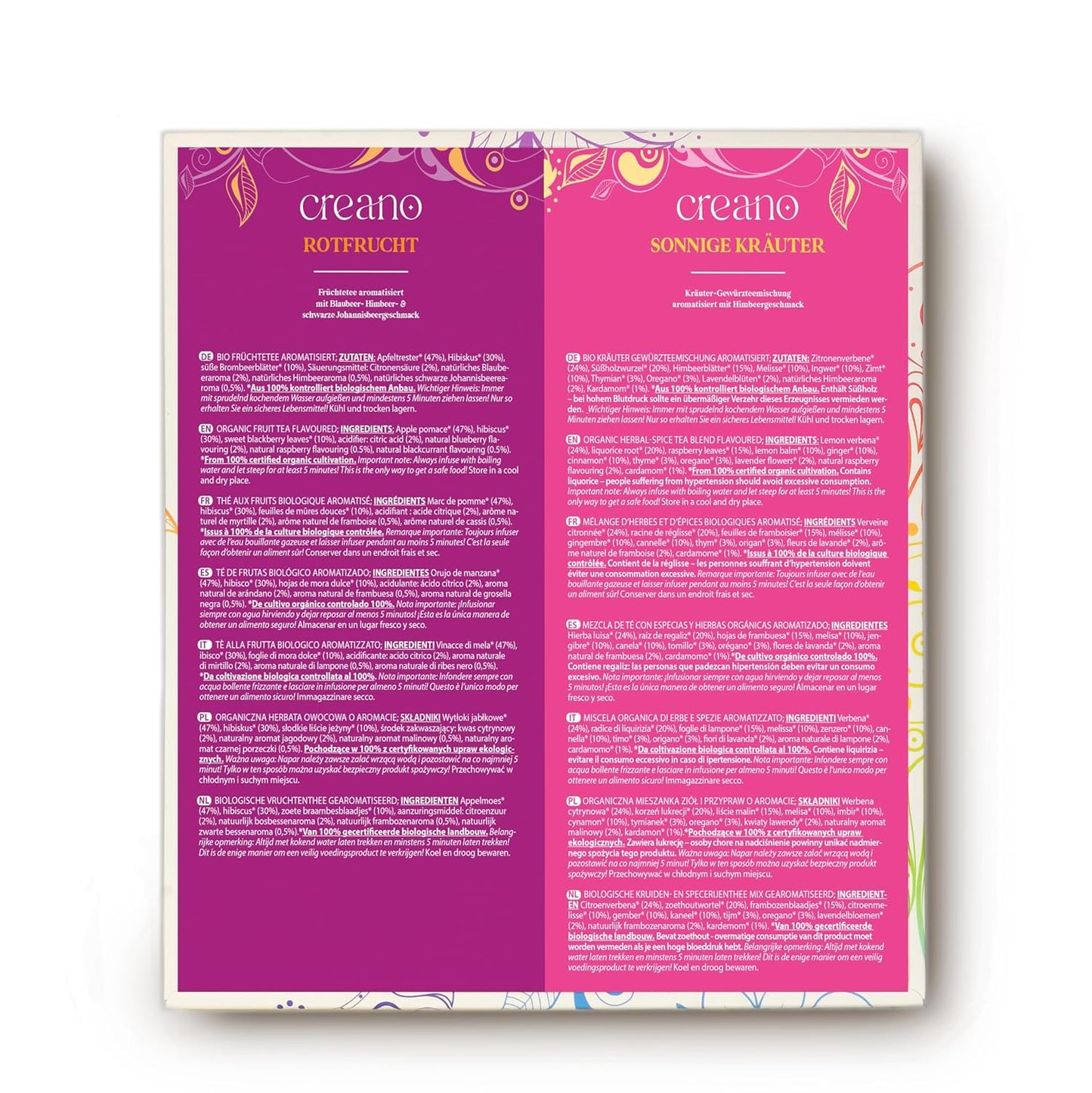 Creano Organic Fruit Tea Herbal Tea Gift Set – 45 Organic Tea Bags in 9 Dreamy Varieties – 90 g