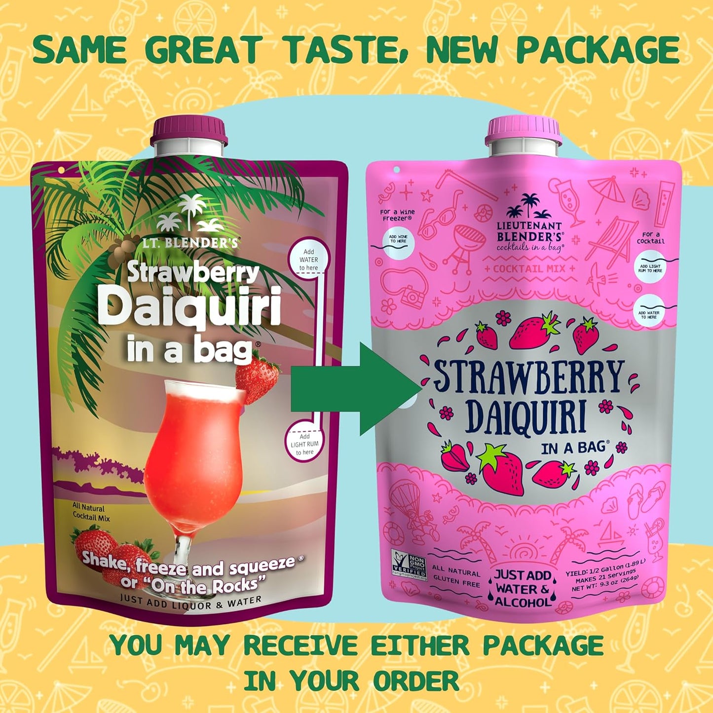 Lt. Blender's Strawberry Daiquiri in a Bag – Strawberry Daiquiri Mix - Each Bag Makes 1/2 Gallon - Non-GMO – No Daiquiri Machine Needed - Make a Cocktail, Wine Slushie or Mocktail - (Pack of 3)