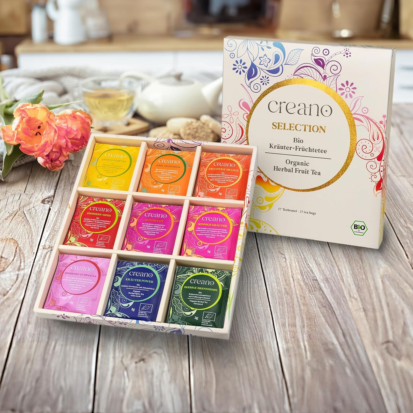 Creano Organic Fruit Tea - Herbal Tea Gift Set – 27 Organic Tea Bags in 9 Dreamy Varieties – 54 g