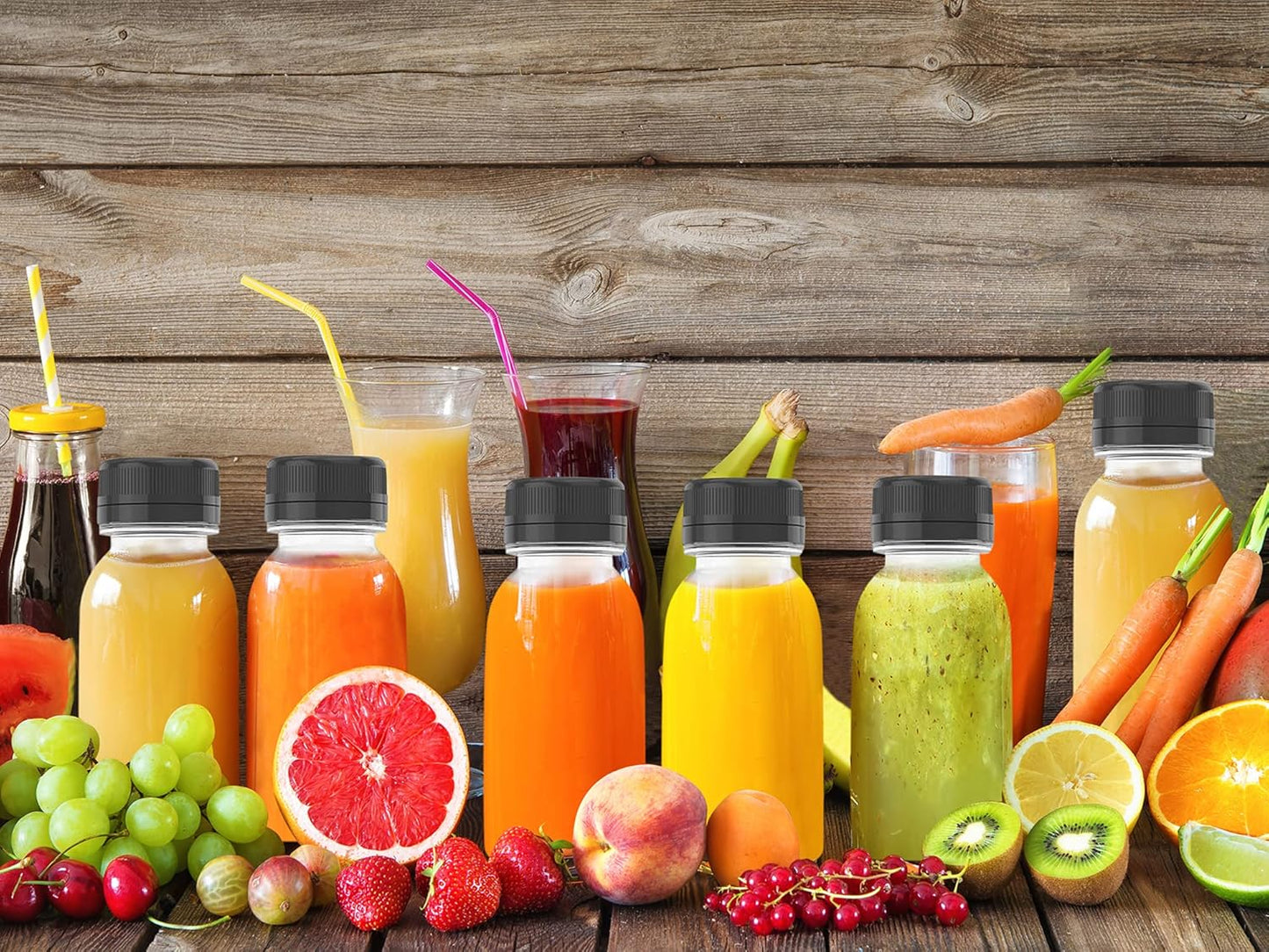 3 Pcs 12 oz Plastic Juice Bottle Reusable Transparent Bulk Beverage Containers with Black Lids for Juice, Drinking Milkshake Tea, Milk, Juicing Smoothie Water and Other Beverages, Fridge Storage