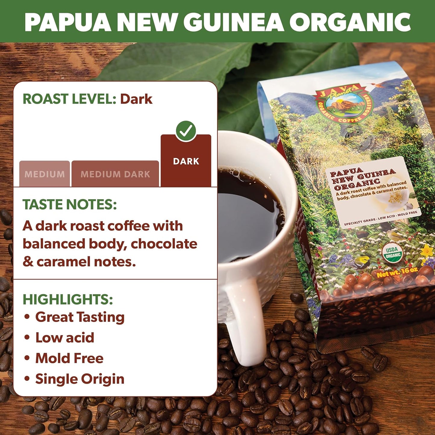 Low Acid Organic Coffee – Whole Bean, Mold-Free & Stomach Friendly by Java Planet, Papua New Guinea Single Origin Coffee, Dark Roast, Smooth Full Flavored, 5LB Bag