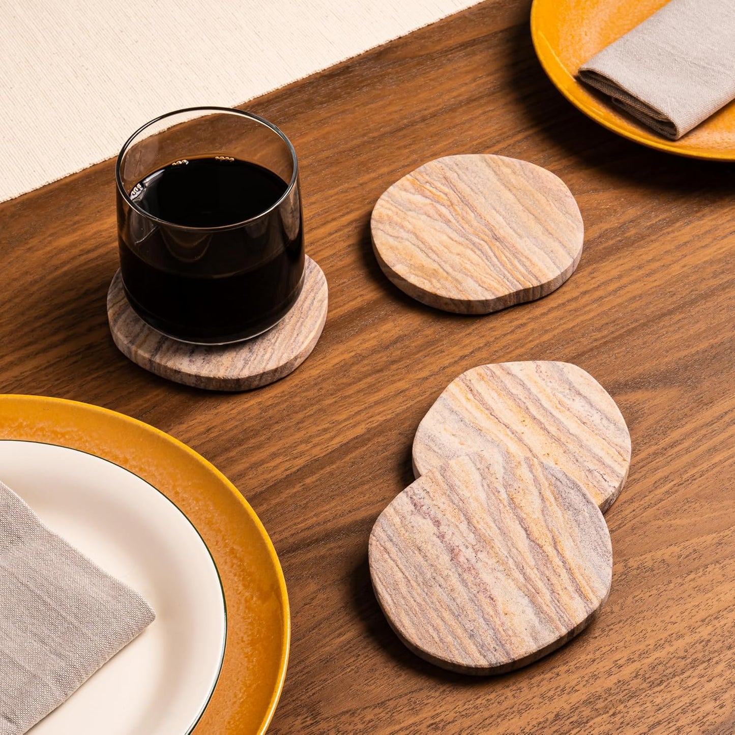 Cork & Mill Absorbent Coasters Set of 4 - Water Absorbing Sandstone Coasters for Drinks - Perfect for Coffee Table, Office Desk, Outdoor, Bedroom Nightstand - 4" Round - Unique Irregular Edge Design
