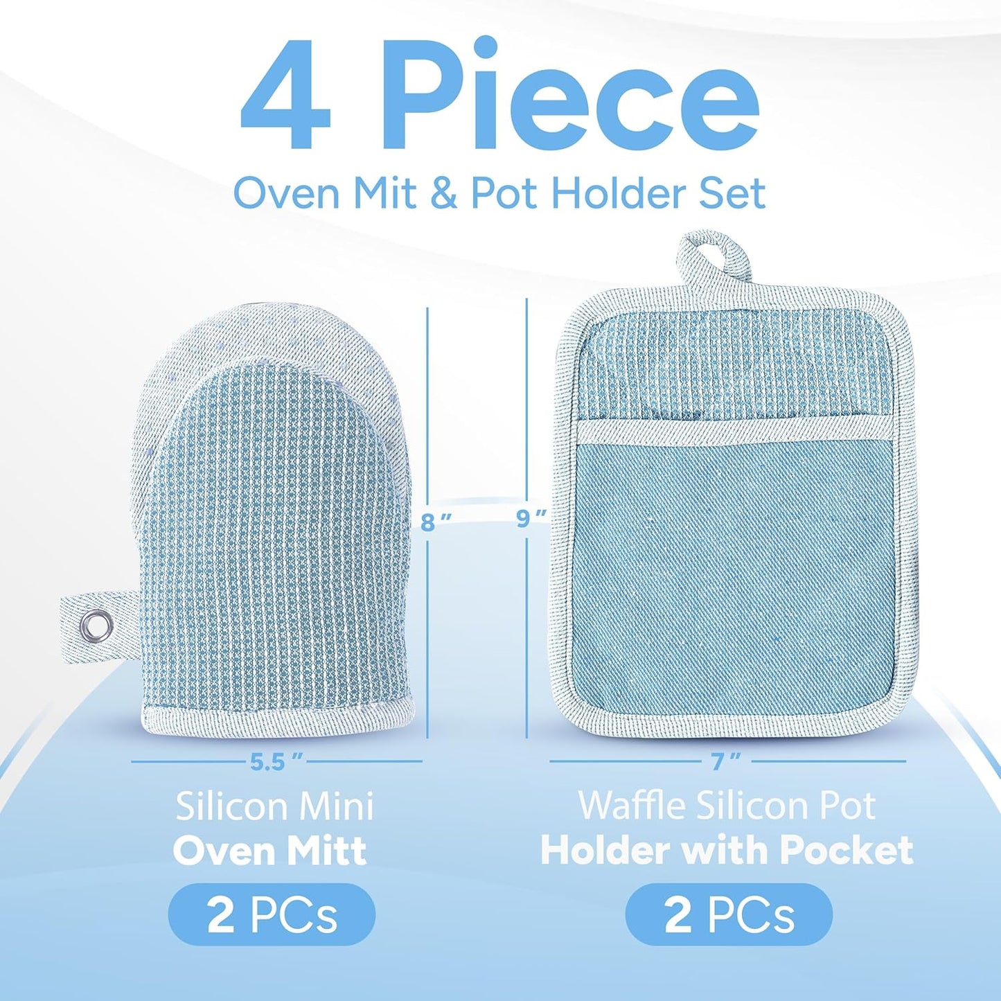 Casa Platino BBQ Gloves & Potholders Set, 4Pc Kitchen Mitts for Oven & Baking, Pot Holder for Hot Pots & Dishes – Heat Resistant Up to 500°F, Non-Slip & Machine Washable – Cornflower