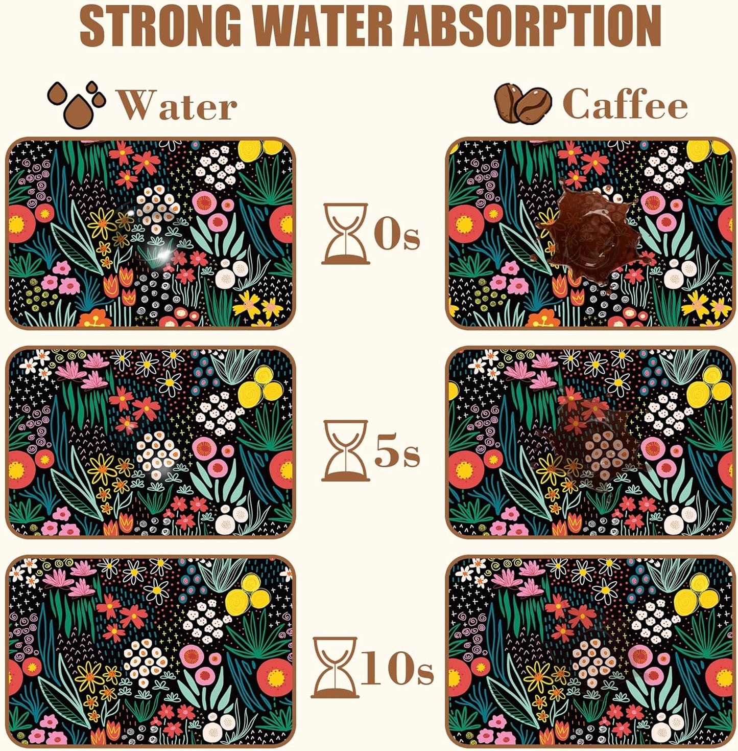 Dish Drying Mat Doodle Flower Meadow Coffee Bar Mat for Countertop Absorbent Rubber Backed Hide Stain Dish Drainer Rack Pad Coffee Pot Espresso Machine Dining Room Decoration 15.7 x 23.6 Inch