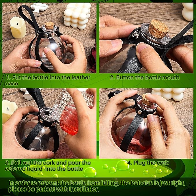 Patelai 2 Pcs Halloween Glass Potion Bottles with Belt Cork Renaissance Witch Costume Accessories Witch Props Potion Bottle for Halloween Party Decor Cosplay DIY Crafts Gift (Black,Brown)