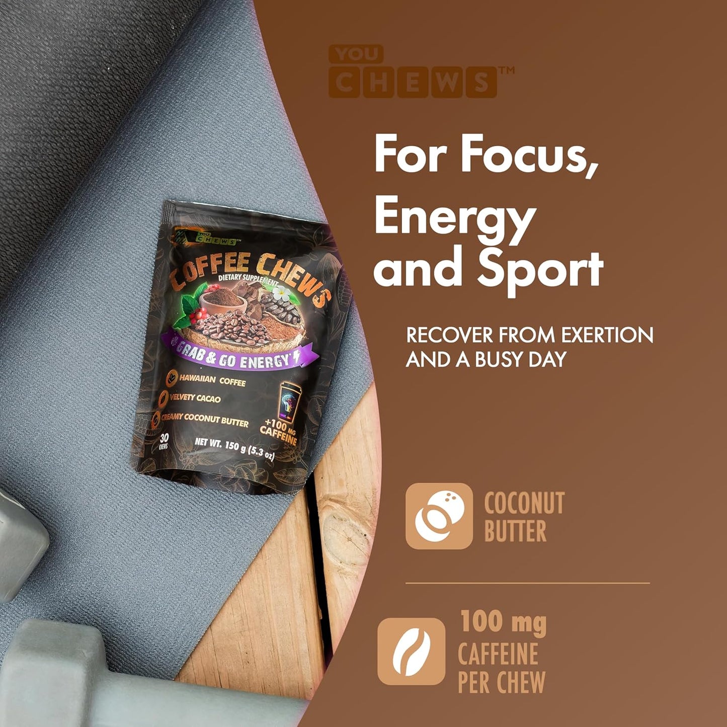 YouChews Coffee Chews - Grab & Go Energy with 100mg per Chew of Clean, Green Caffeine. With Real Organic Ingredients, Low Sugar, Great Bold Taste & Long Lasting Energy Boost (30 Chews Pack)