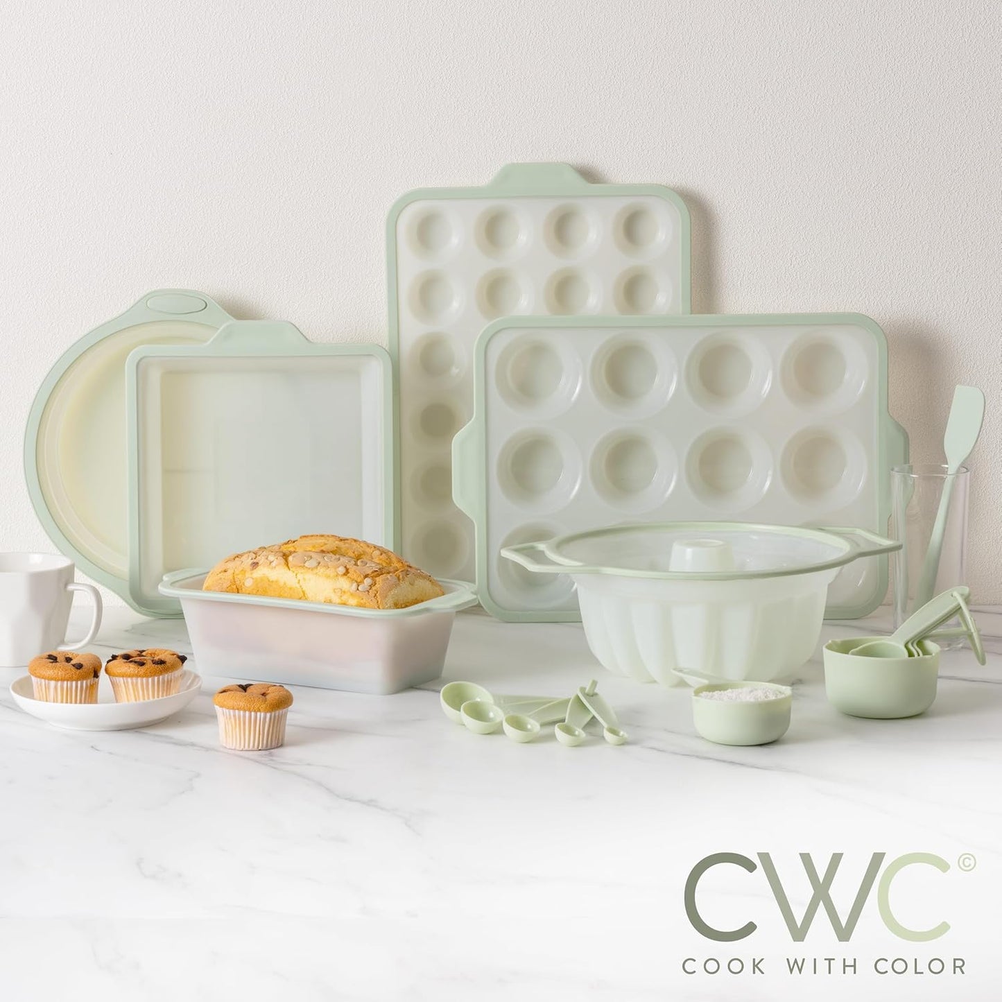 COOK WITH COLOR 17 Pc. Silicone Baking Pan Set - Non-Stick & Easy Clean Silicone Muffin Pans for Baking with Sturdy Metal Frame for Stability, Flexible Cake Molds, Includes Measuring Cups and Spoons