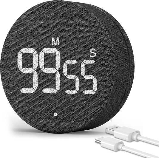 AVINIA Desk Timer for Productivity Magnetic Digital Kitchen Timer Rechargeable Fabric Mesh Cover 99 Mins Countdown/Count Up Stylish Efficana Konah Home Timmer for Cooking-Black