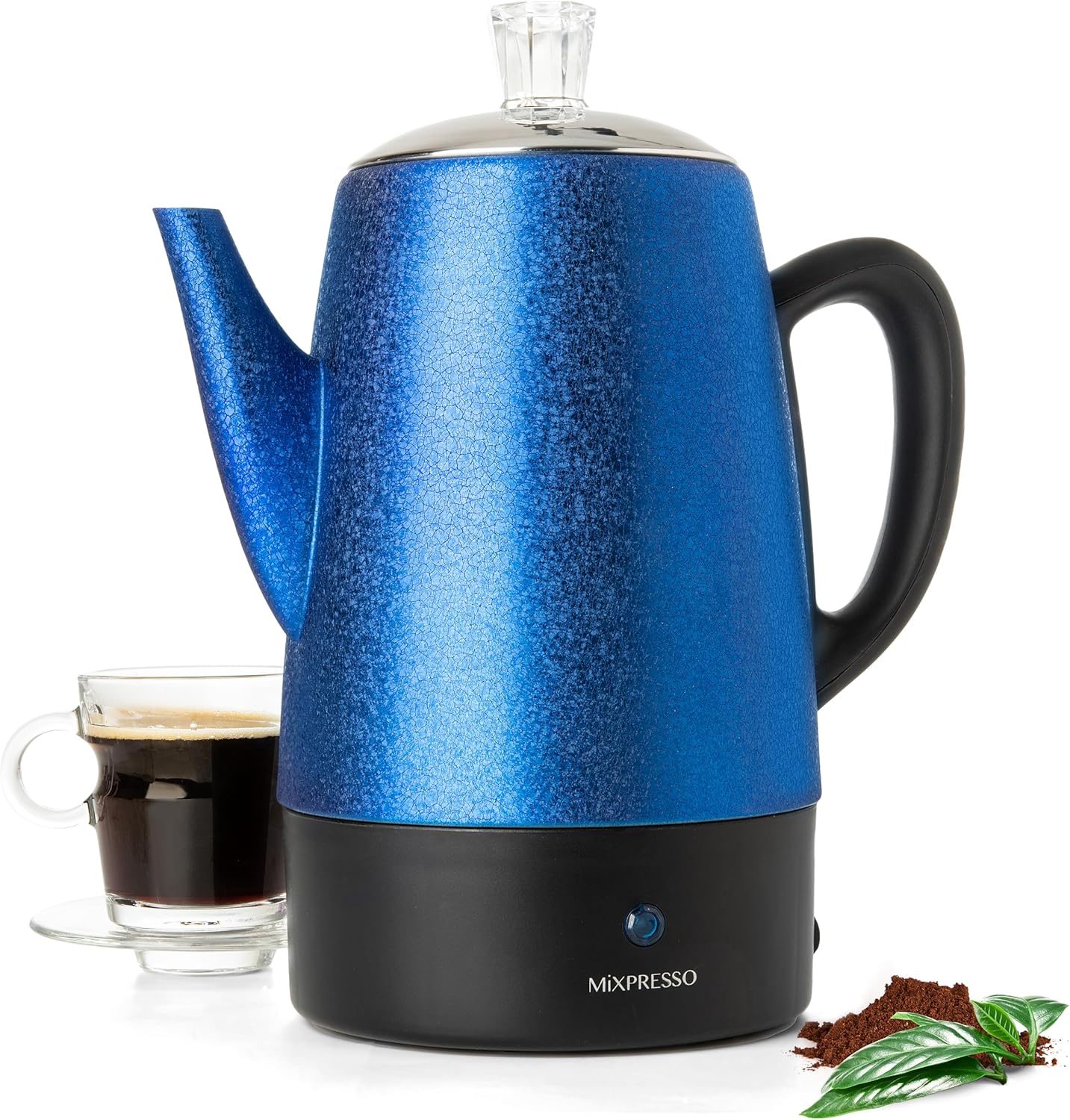 Mixpresso 10 Cup Percolator Coffee Pot Electric, Stainless Steel Coffee Percolator Electric With Keep Warm Function, Classic Perculator Pot With Removable Basket for Home or Office - Shiny Blue