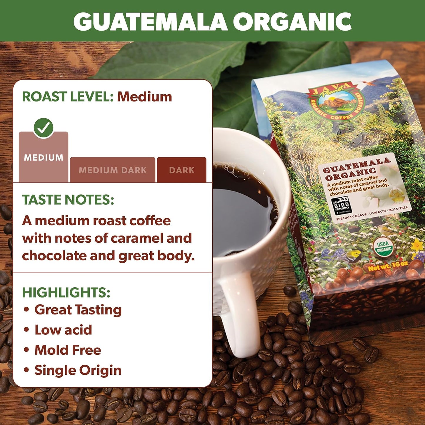 Low Acid Organic Coffee – Whole Bean, Mold-Free & Stomach Friendly by Java Planet, Guatemalan Single Origin Coffee, Medium Roast, Smooth Full Flavored, Smithsonian Bird Friendly, 1LB Bag