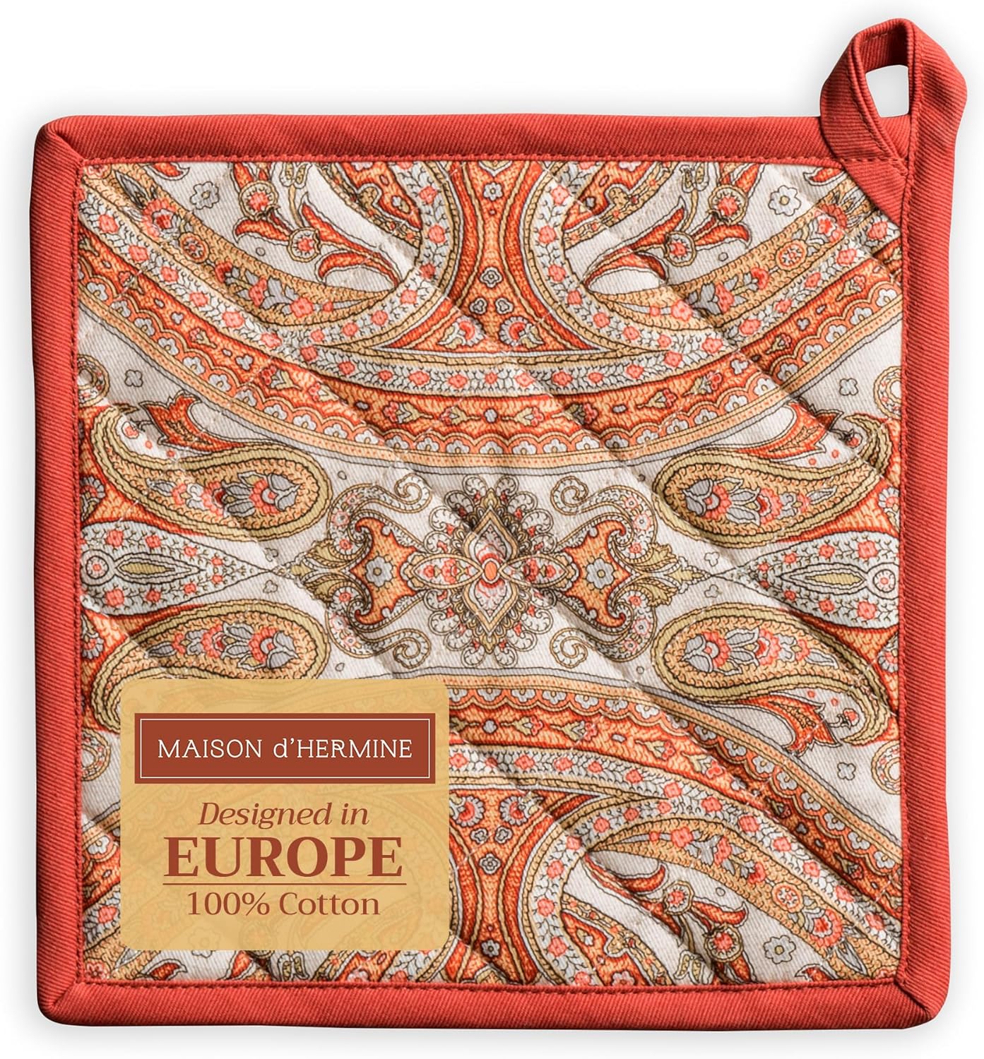 Maison d' Hermine Pot Holders 100% Cotton Heat Resistant Potholders 8" x 8" Hot Pads with Loop BBQ, Cooking, Baking, Grilling, Kitchen, Handling Hot Pans (Pack of 1, Kashmir Paisley)