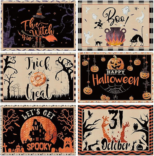 Umigy 6 Pcs Halloween Placemats 12"x18" Gothic Bat Placemats Kitchen Decoration Washable Witch Place Mats Rectangle Skull Table Mats for Halloween Dining Table Accessories(Classic)