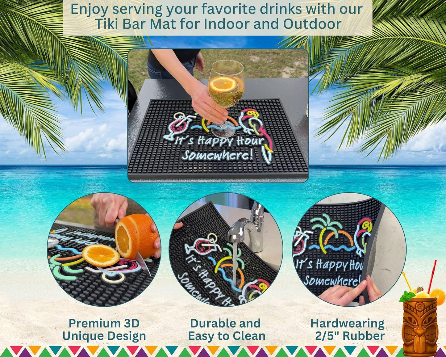 Tiki Bar Happy Hour Sign Rubber Bar Mat for Bartending 18x12 in, It's Happy Hour Somewhere Outdoor Tiki Bar Decor, Bar Mats for Countertop, Bar mat for Home Bar, Bartender Mat, Home Bar Accessories