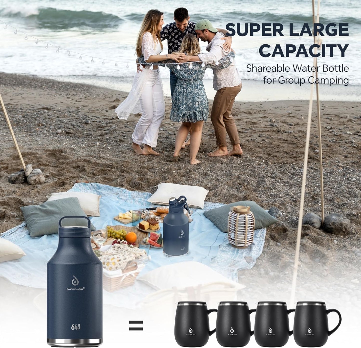 IDEUS Insulated Stainless Steel Water Bottle with 2 Leak-Proof Lids, Thermal Water Flask for Hiking Biking, 64oz, Navy Blue