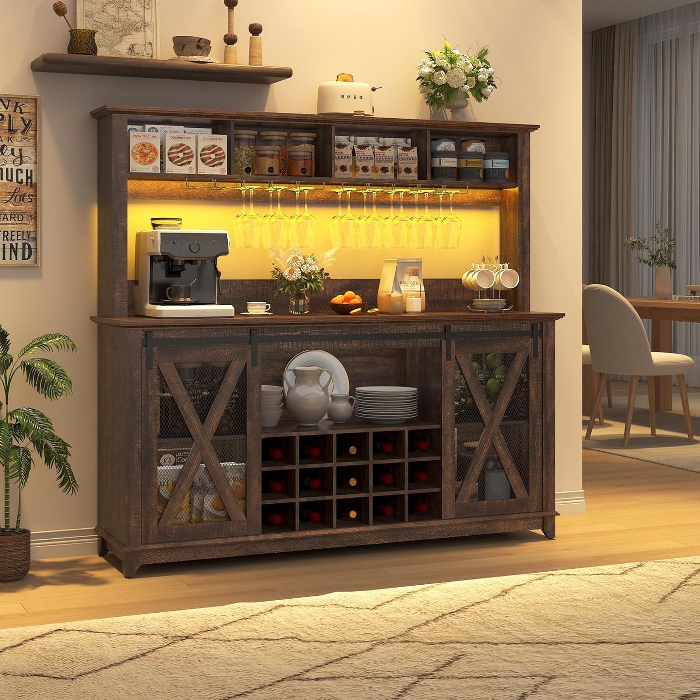 63"Wide 58"H Farmhouse Coffee Bar Cabinet with LED Light,Wine Bar Cabinet w/ 4 Storage Hutch,Kitchen Buffet Cabinet w/Sliding Barn Door & 15 Wine and Glass Racks for Kitchen Dining Room(Brown)