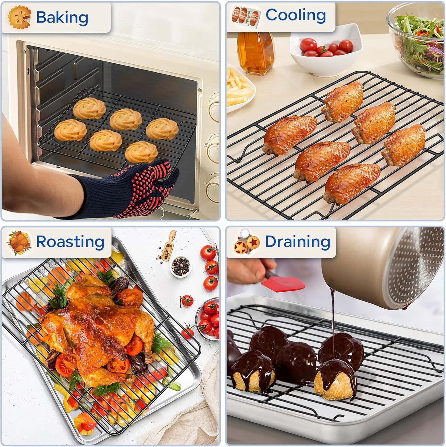 TeamFar Cooling Rack Set of 4, Stainless Steel Black Non-Stick Coated Various Size Wire Baking Roasting Rack for Baking Sheet Toaster Oven Pan, Non-Toxic & Non-Stick, Heavy Duty & Easy Clean