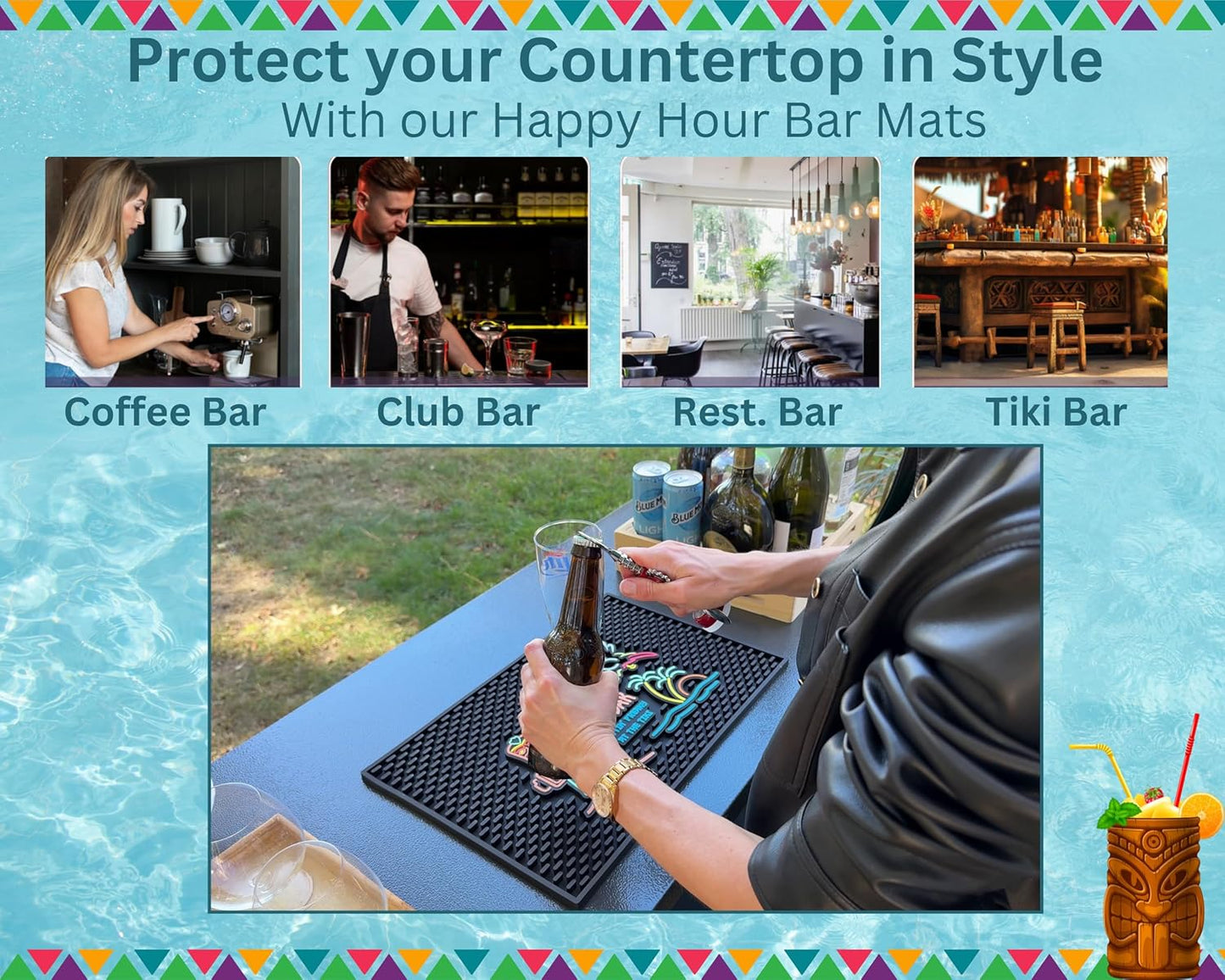 Aloha Tiki Bar Mat Gettin Freaky at The Tiki 18x12 in Hawaiian Decorations | Luau Party Decorations & Hawaiian Party Decorations Bar Mats for Countertop, Hawaii Palm Tree, Flying Parrot Tiki Bar Decor