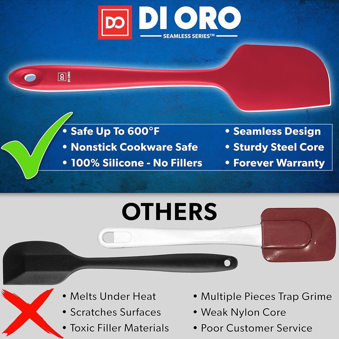 DI ORO - Large Silicone Spatula - 600ºF Heat-Resistant Spatula - Seamless Design - Pro-Grade Non-Stick Silicone Rubber with Reinforced Stainless Steel S-Core Technology (RED)
