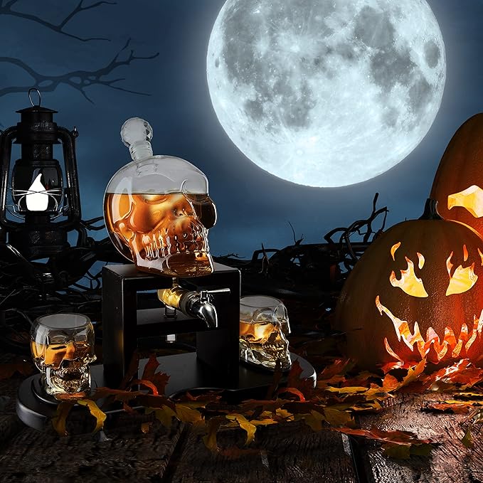 Skull Skeleton Wine & Whiskey Decanter Set 750mL with 2 Skull Shot Glasses 3oz | Gothic Skeleton Barware on Mahogany Wooden Base with Spigot | Spooky Halloween Decor Drinkware & Unique Goth Gift Idea