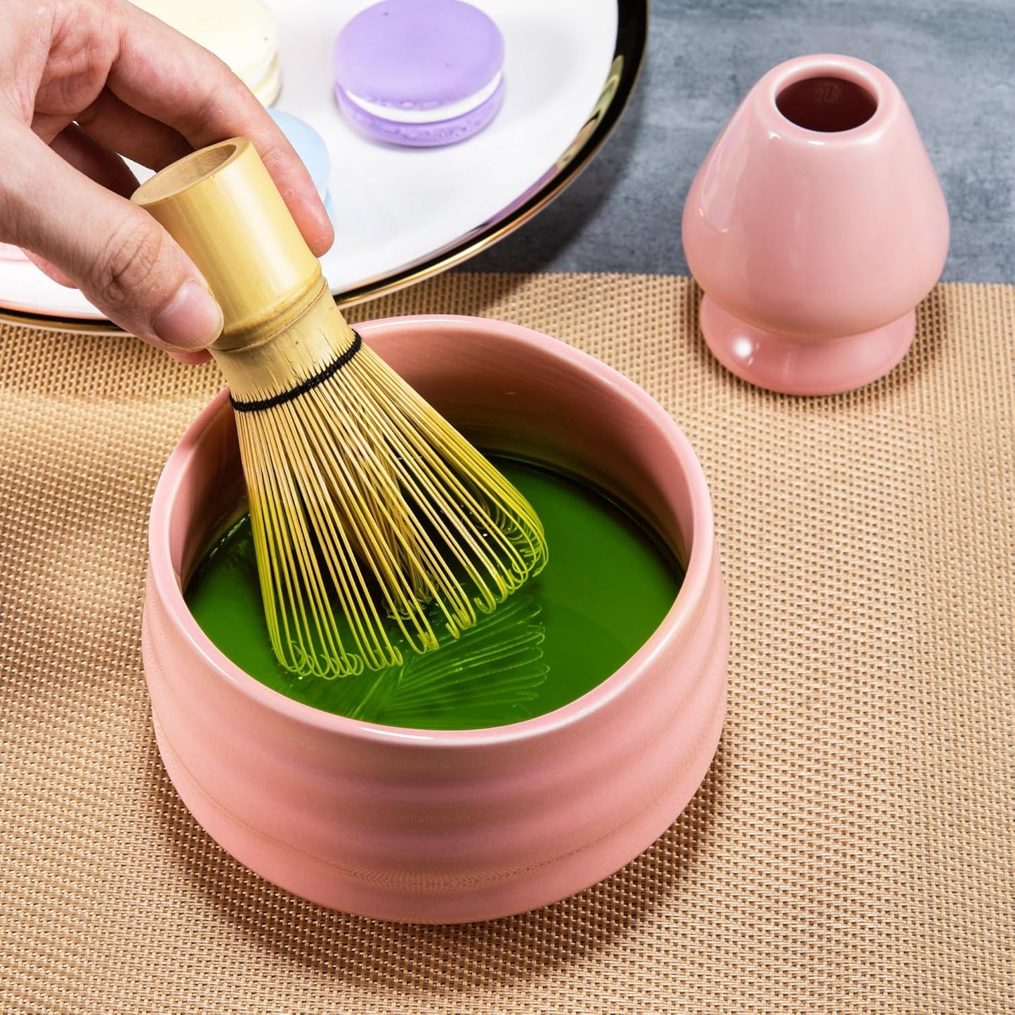 Marce Matcha Whisk Set- Matcha Set includes Matcha Bowl, Sifter, Holder and Scoop- The Perfect Bamboo Whisk for Matcha Tea (Pink)