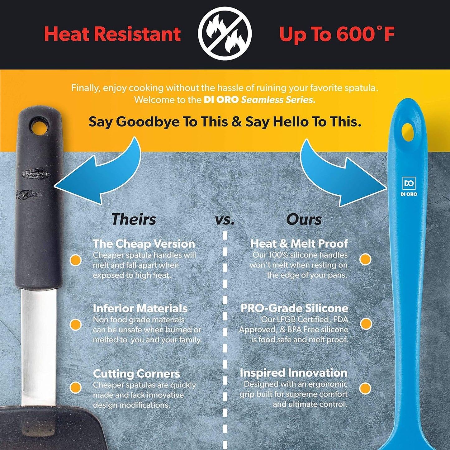 DI ORO Silicone Spoon Spatula - Forever Warranty - 600°F Heat-Resistant Large Silicone Spoonula Scraper - BPA Free Nonstick Cookware Safe Rubber Kitchen Utensil for Baking, Cooking, & Mixing (Blue)