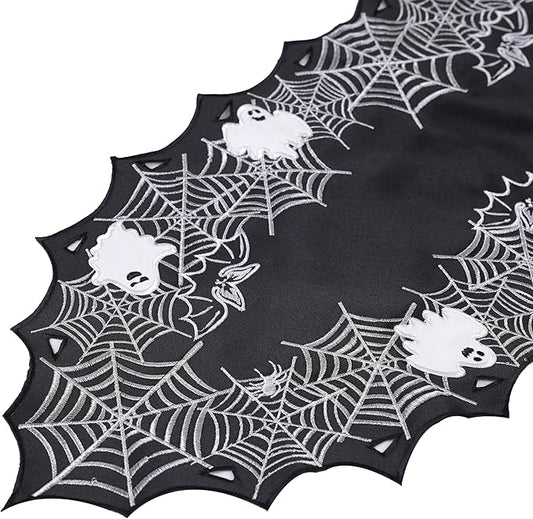 Chlophy Halloween Table Runner Black Spider Web Table Runner Gothic Embroidered for Kitchen Dining Halloween Décor Home Party Table Decoration 72in