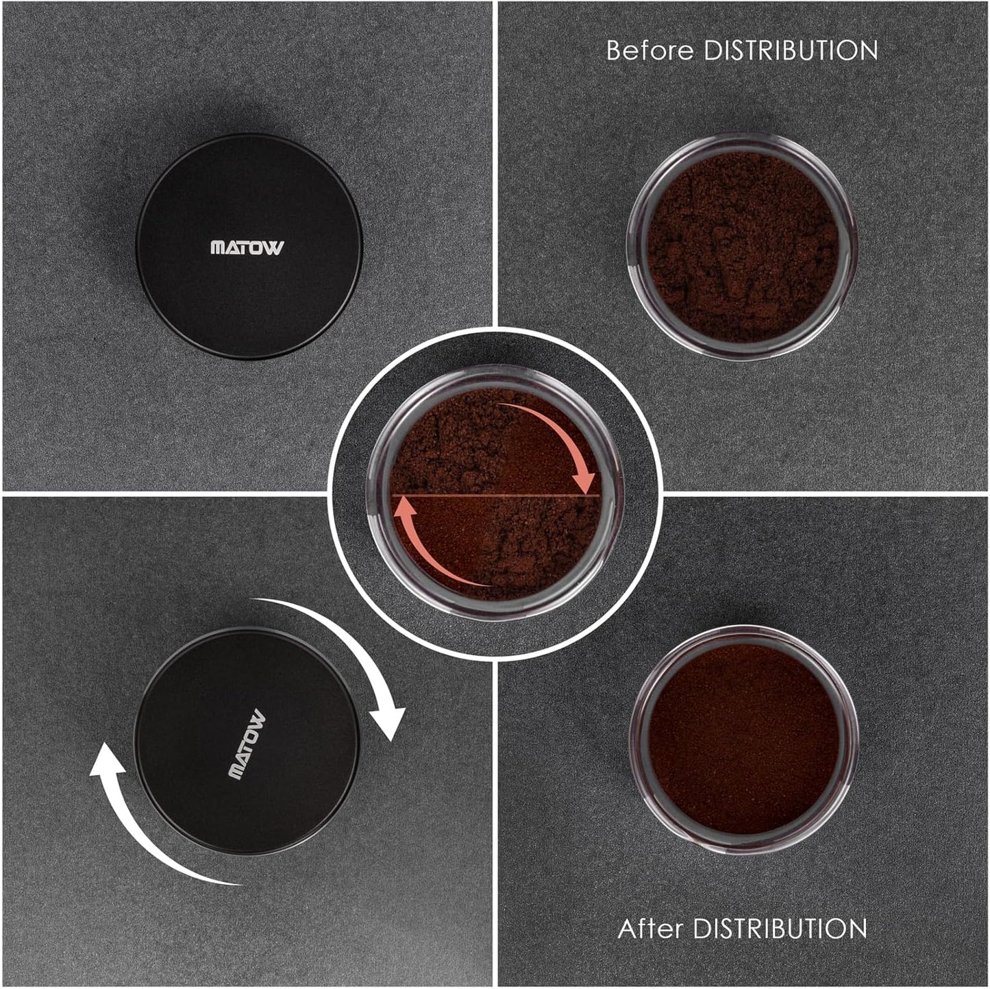 MATOW 2 in 1 Design Gravity Distributor and Magnetic Dosing Funnel Combo, 58.5mm Adaptive Espresso Distributor and Stainless Steel Dosing Ring Set Fits All 58mm Portafilter