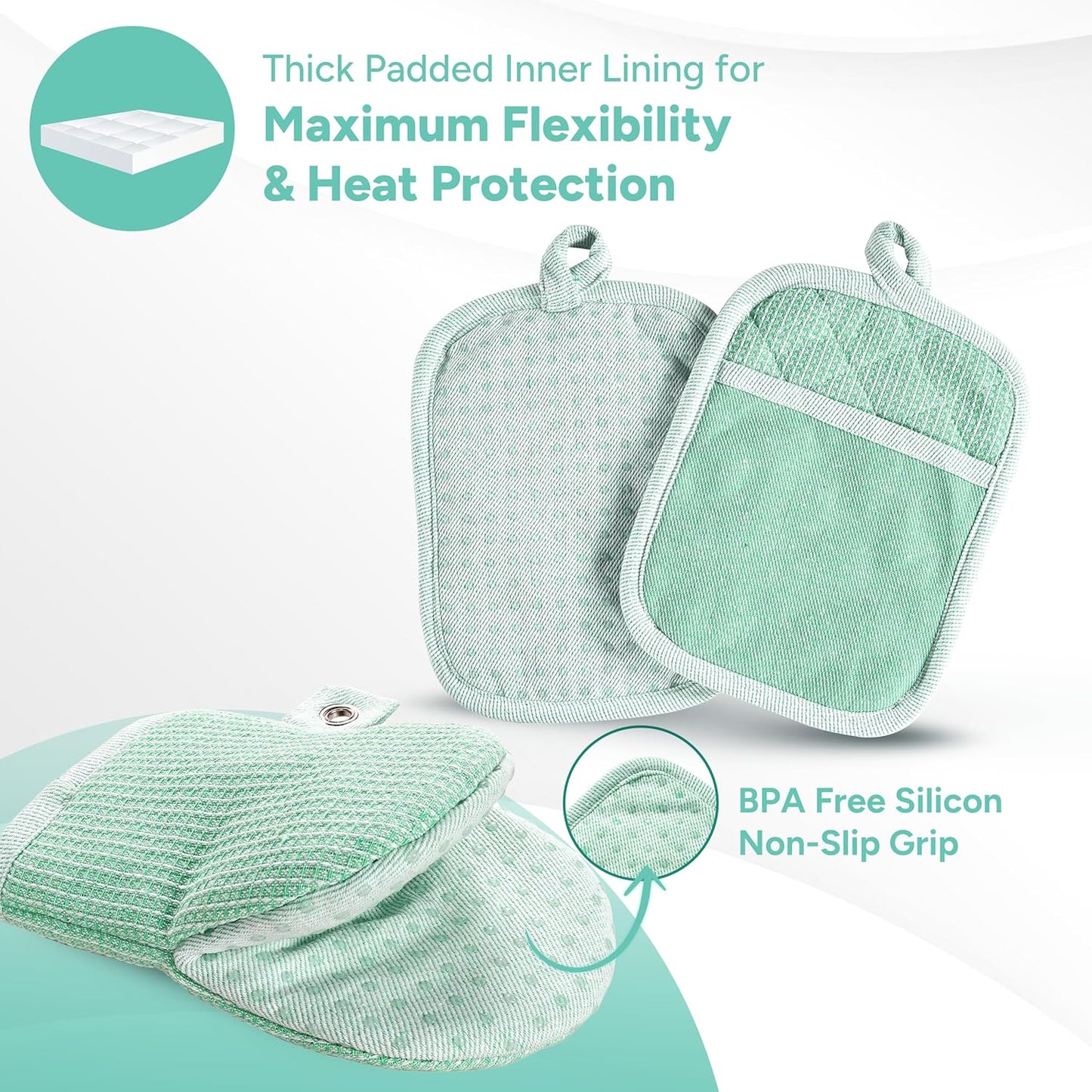 Casa Platino Potholders & Oven Mitts Heat Resistant, 8-Piece Mini Oven Mitts with Silicone Grip, Potholders for Kitchens, 2 Kitchen Towels & 2 Dish Cloths – Durable & Non-Slip – Sage