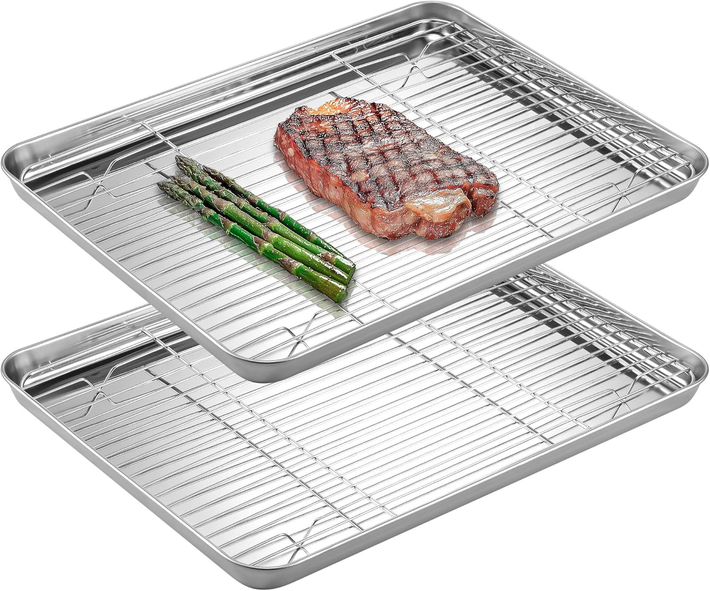 Navaris Half Sheet Baking Pan Breading Trays w Racks - Stainless Steel Baking Sheet with Wire Rack Insert for Oven Cooking - Cookie Bacon Tray - Set of 4 15.7x11.8 (40x30cm)