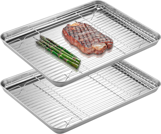 Navaris Half Sheet Baking Pan Breading Trays w Racks - Stainless Steel Baking Sheet with Wire Rack Insert for Oven Cooking - Cookie Bacon Tray - Set of 4 15.7x11.8 (40x30cm)