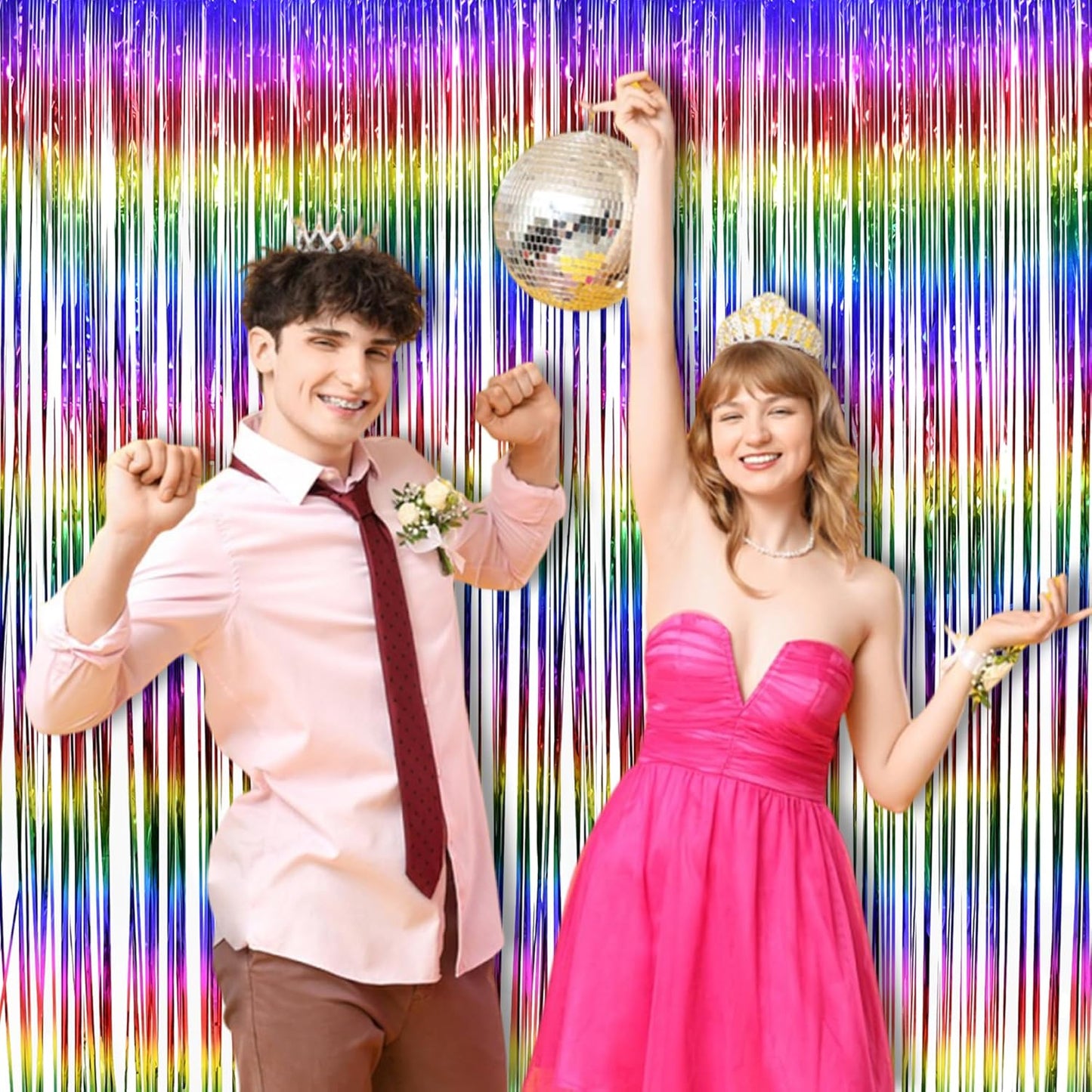 BRAVESHINE Fringe Backdrop Tinsel Foil Curtains - 2 Pack Colorful Metallic Streamers Backdrops for Doorway Decor/80's/90's/Dance/Graduates/Rainbows-Theme/Candylands/Kids Birthdays Party Decorations