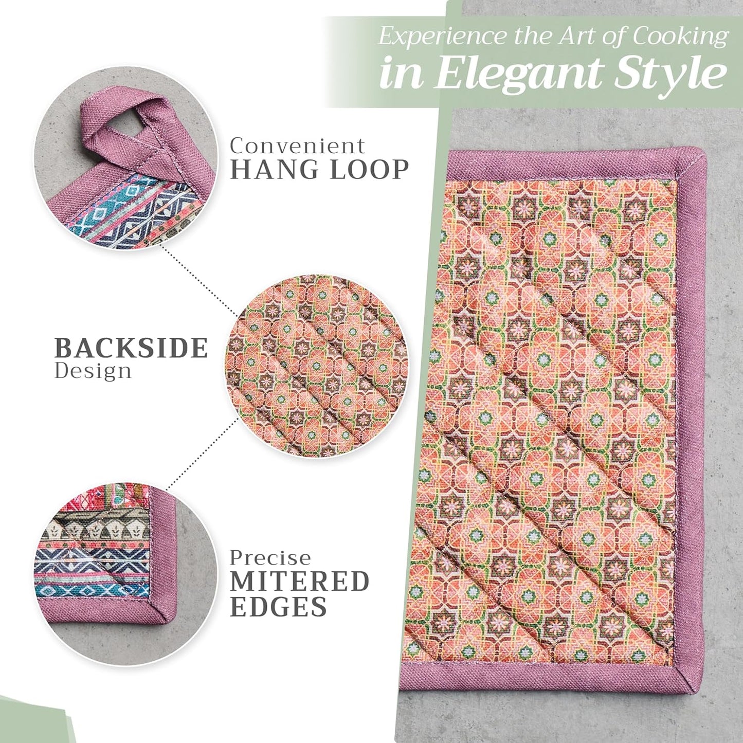 Maison d' Hermine Pot Holders Set 100% Cotton Heat Resistant Potholders 8" x 8" Hot Pads with Loop BBQ, Cooking, Baking, Grilling, Kitchen, Handling Hot Pans (Pack of 2, Ispahan)