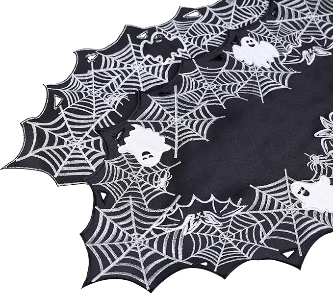 Chlophy Halloween Table Runner Black Spider Web Table Runner Gothic Embroidered for Kitchen Dining Halloween Décor Home Party Table Decoration 72in