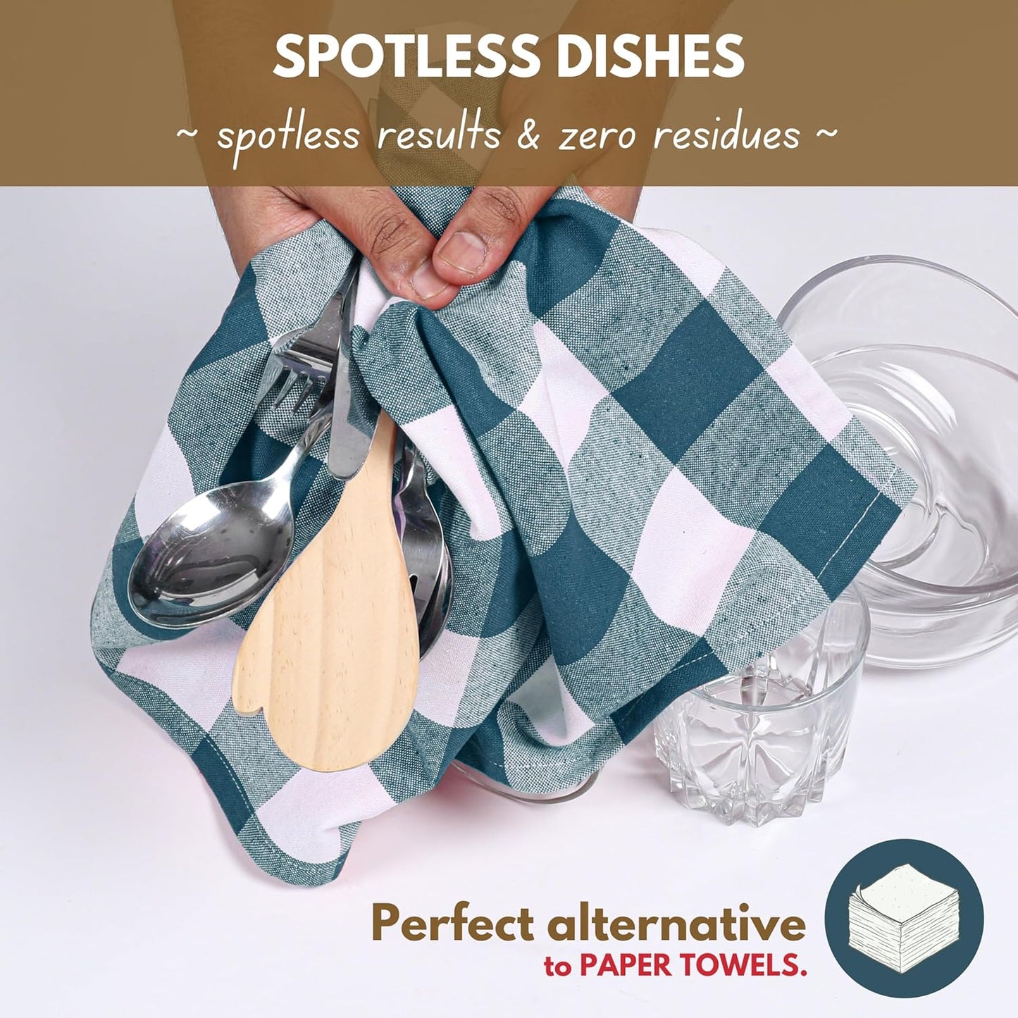 Native Fab 12-Pack Kitchen Towel with Hanging Loop 16x26 inches, Cotton Buffalo Check Kitchen Towels for Cleaning Drying, Washcloths Soft & Absorbent Cloth Rags, Bar Towel, Dish Cloth, Teal Green