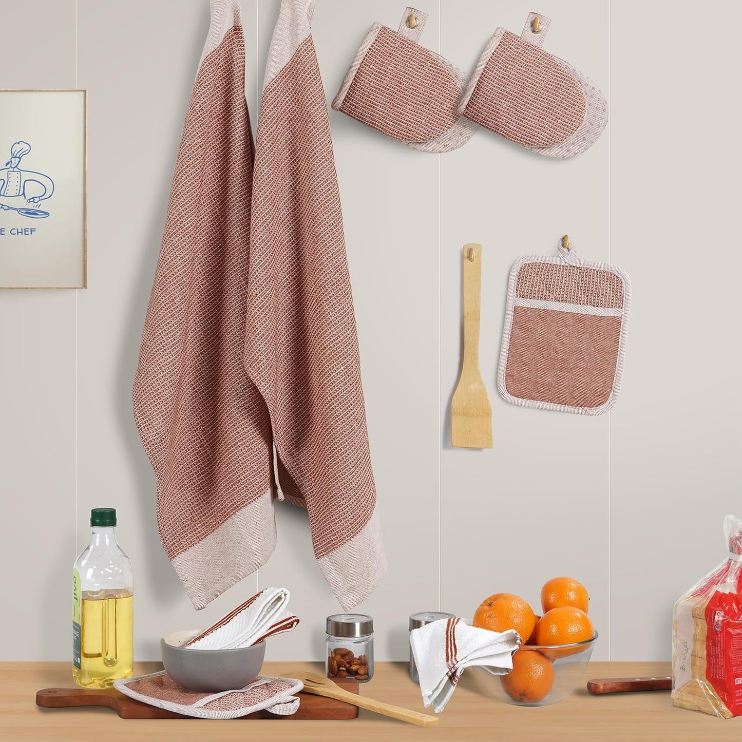 Casa Platino Potholders for Kitchens, 8-Piece – 500°F Heat Resistant Oven Mitts and Pot Holders, Mini Oven Mitts with Silicone Grip, 2 Kitchen Towels & 2 Dish Cloths – Durable & Non-Slip – Canyon Rose