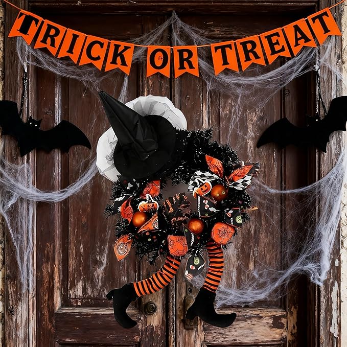 Happy Halloween Wreath for Front Door Decoration with Skeleton Artificial Bone Orange Ornaments Maple Leaf for Party Decor (Halloween Orange)